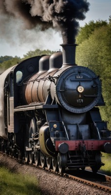 weapon,outdoors,sky,day,cloud,signature,tree,gun,military,no humans,grass,ground vehicle,nature,motor vehicle,forest,smoke,realistic,aircraft,cannon,military vehicle,airplane,vehicle focus,damaged,world war ii,war,clock,machine gun,train,railroad tracks