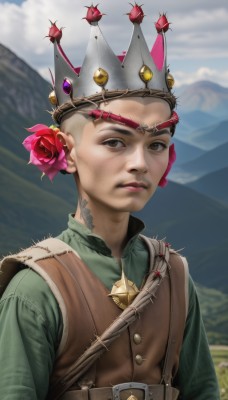 solo,looking at viewer,shirt,hair ornament,1boy,brown eyes,closed mouth,upper body,flower,male focus,outdoors,sky,day,belt,cloud,hair flower,vest,blue sky,rose,crown,red flower,red rose,mountain,realistic,green shirt,brown belt,short hair,blonde hair,lips,tattoo,tunic