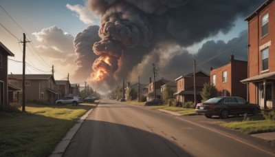 outdoors,sky,day,cloud,tree,blue sky,no humans,window,cloudy sky,grass,fire,ground vehicle,building,scenery,motor vehicle,smoke,car,road,bush,explosion,house,vehicle focus,power lines,street,utility pole,truck,burning