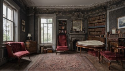 day,indoors,tree,book,no humans,window,chair,table,sunlight,plant,curtains,scenery,couch,desk,wooden floor,door,bookshelf,lamp,shelf,book stack,picture frame,armchair,painting (object),carpet,rug,cabinet,wooden chair,cup,chandelier,portrait (object)