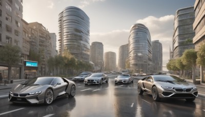 outdoors,sky,day,cloud,water,tree,no humans,ground vehicle,building,scenery,motor vehicle,reflection,city,car,road,cityscape,vehicle focus,lamppost,street,skyscraper,sports car,real world location,blue sky,cloudy sky,realistic