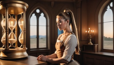 1girl,solo,long hair,breasts,blonde hair,brown hair,shirt,dress,cleavage,jewelry,medium breasts,collarbone,ponytail,earrings,day,indoors,blurry,apron,from side,lips,window,profile,blurry background,table,sunlight,high ponytail,sleeves rolled up,nose,candle,hair pulled back,candlestand,long sleeves,brown eyes,upper body,realistic,fine art parody