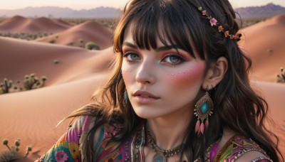 1girl,solo,long hair,looking at viewer,bangs,brown hair,black hair,hair ornament,jewelry,green eyes,upper body,earrings,outdoors,parted lips,teeth,day,necklace,blurry,lips,eyelashes,makeup,depth of field,blurry background,wavy hair,feathers,portrait,eyeshadow,freckles,mountain,realistic,nose,sand,eyeliner,mascara,desert,blush,flower,sky,grey eyes,gem,close-up