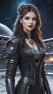 1girl,solo,long hair,breasts,looking at viewer,brown hair,long sleeves,cleavage,brown eyes,jewelry,medium breasts,standing,jacket,cowboy shot,earrings,outdoors,parted lips,sky,artist name,necklace,hair bun,lips,black jacket,bodysuit,makeup,night,wavy hair,moon,single hair bun,lipstick,brooch,gem,star (sky),night sky,eyeshadow,starry sky,realistic,red lips,space,planet,dress,upper body,earth (planet)