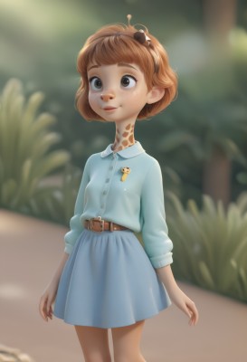 1girl,solo,smile,short hair,bangs,skirt,brown hair,shirt,long sleeves,brown eyes,closed mouth,standing,hairband,small breasts,outdoors,day,collared shirt,belt,artist name,blurry,lips,blue skirt,buttons,depth of field,blurry background,bug,blue shirt,monster girl,child,freckles,arms at sides,female child,badge,button badge,body freckles,dress,orange hair,blue dress