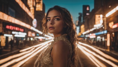 1girl,solo,long hair,looking at viewer,brown hair,black hair,dress,bare shoulders,brown eyes,upper body,outdoors,parted lips,wings,sleeveless,dark skin,blurry,black eyes,dark-skinned female,lips,night,depth of field,blurry background,building,curly hair,city,realistic,nose,red lips,very dark skin,city lights,breasts,blue eyes,jewelry,sky,from side,looking to the side,makeup,thick eyebrows,road,street