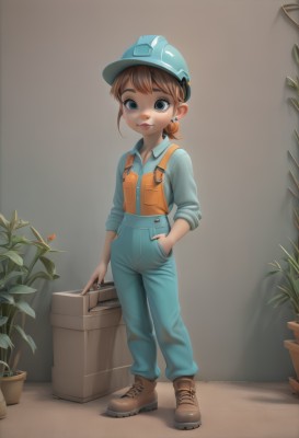 1girl,solo,looking at viewer,smile,short hair,blue eyes,brown hair,shirt,long sleeves,hat,holding,jewelry,closed mouth,standing,full body,ponytail,earrings,boots,collared shirt,pants,vest,brown footwear,helmet,blue shirt,plant,box,child,pocket,hand in pocket,blue pants,female child,potted plant,overalls,flower pot,parted lips,shoes,freckles,blue overalls