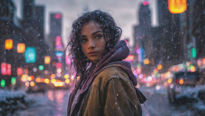 1girl, solo, long hair, looking at viewer, black hair, closed mouth, upper body, outdoors, dark skin, hood, blurry, dark-skinned female, lips, coat, depth of field, blurry background, hood down, messy hair, snow, rain, snowing, city, realistic, nose