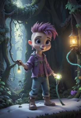 solo,looking at viewer,smile,short hair,open mouth,shirt,1boy,holding,jewelry,standing,jacket,full body,pink hair,purple hair,flower,male focus,multicolored hair,earrings,boots,outdoors,open clothes,teeth,belt,pants,artist name,signature,necklace,two-tone hair,tree,torn clothes,night,leaf,piercing,grass,plant,denim,nature,furry,forest,jeans,lantern,male child,vines,mushroom,mohawk,blue eyes,animal ears,watermark,web address,purple shirt,light,lamp,furry male,purple jacket