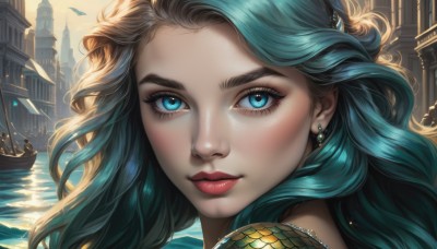 1girl,solo,long hair,looking at viewer,smile,blue eyes,hair ornament,jewelry,closed mouth,blue hair,multicolored hair,earrings,outdoors,sky,shiny,artist name,water,aqua eyes,lips,eyelashes,aqua hair,makeup,wavy hair,piercing,thick eyebrows,lipstick,building,portrait,close-up,freckles,realistic,nose,red lips,watercraft,ship,boat,mascara,blush,green hair,solo focus,tower