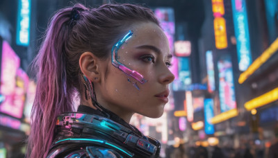 1girl, solo, long hair, blue eyes, jewelry, ponytail, pink hair, earrings, parted lips, blurry, from side, lips, profile, blurry background, portrait, freckles, science fiction, realistic, nose, android, cyberpunk, neon lights