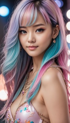 1girl,solo,long hair,breasts,looking at viewer,smile,bangs,cleavage,bare shoulders,brown eyes,jewelry,medium breasts,closed mouth,blue hair,swimsuit,upper body,pink hair,bikini,multicolored hair,earrings,necklace,blurry,black eyes,two-tone hair,lips,eyelashes,gradient hair,makeup,blurry background,bikini top only,realistic,nose,bokeh,blue eyes,purple hair,artist name,bra,from side,watermark,gem,pink lips