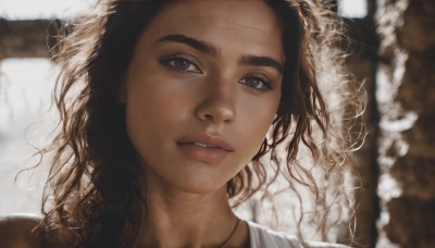 1girl,solo,long hair,looking at viewer,smile,brown hair,black hair,brown eyes,jewelry,parted lips,teeth,dark skin,necklace,blurry,dark-skinned female,lips,eyelashes,depth of field,blurry background,wavy hair,messy hair,portrait,forehead,curly hair,realistic,nose,thick eyebrows,close-up