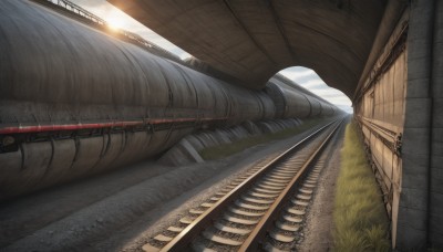 outdoors,sky,day,cloud,no humans,sunlight,grass,ground vehicle,scenery,light rays,stairs,realistic,sun,bridge,train,train station,railroad tracks,cloudy sky,building,road,cable,power lines