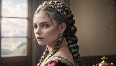 1girl,solo,long hair,looking at viewer,blue eyes,brown hair,black hair,hair ornament,dress,jewelry,upper body,braid,multicolored hair,earrings,parted lips,sky,day,artist name,cloud,indoors,blurry,twin braids,from side,lips,looking to the side,eyelashes,window,depth of field,blurry background,tiara,gem,portrait,freckles,realistic,nose,princess,multiple braids,bangs,two-tone hair,streaked hair,sunlight,forehead,crown braid,gold,blue gemstone