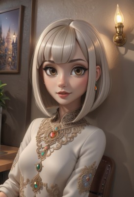 1girl,solo,breasts,looking at viewer,smile,short hair,bangs,shirt,long sleeves,dress,brown eyes,jewelry,sitting,white shirt,upper body,white hair,earrings,small breasts,parted lips,artist name,indoors,signature,blunt bangs,lips,eyelashes,makeup,shadow,chair,bob cut,plant,lipstick,brooch,gem,freckles,nose,red lips,candle,painting (object),mascara,night,table,castle,candlestand