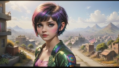 1girl,solo,breasts,looking at viewer,short hair,bangs,blue eyes,brown hair,shirt,black hair,cleavage,medium breasts,collarbone,jacket,upper body,purple hair,flower,multicolored hair,small breasts,outdoors,parted lips,open clothes,sky,day,artist name,cloud,black eyes,open jacket,tree,blue sky,lips,eyelashes,makeup,swept bangs,grass,plant,lipstick,ground vehicle,building,scenery,motor vehicle,freckles,pink shirt,green jacket,mountain,city,nose,potted plant,road,bush,cityscape,leather,house,leather jacket,mascara,town,blush,closed mouth,solo focus,signature,bird,sunlight,letterboxed,realistic,street,landscape,flower pot,pavement