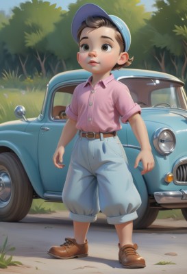 1girl,solo,short hair,brown hair,shirt,1boy,hat,brown eyes,closed mouth,standing,full body,short sleeves,male focus,outdoors,shoes,shorts,day,collared shirt,belt,pants,tree,brown footwear,grass,ground vehicle,child,motor vehicle,blue headwear,freckles,pink shirt,female child,car,brown belt,male child,realistic