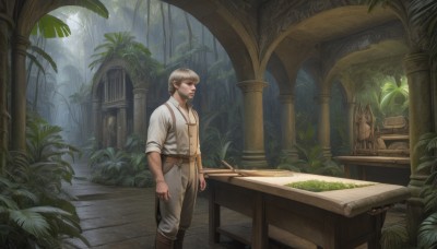 solo,short hair,brown hair,shirt,1boy,standing,white shirt,grey hair,male focus,belt,pants,indoors,tree,facial hair,leaf,table,plant,nature,scenery,beard,sleeves rolled up,forest,fantasy,mustache,pillar,statue,arch,bangs,jewelry,closed mouth,weapon,white hair,earrings,boots,open clothes,collared shirt,sword,muscular,scar,brown footwear,suspenders,muscular male,rain,mature male,brown belt,brown pants,leather belt,wooden table,leather boots