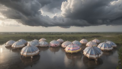 outdoors,sky,day,cloud,water,blue sky,no humans,umbrella,cloudy sky,grass,nature,scenery,reflection,puddle,reflective water,tree