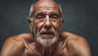 solo,looking at viewer,simple background,1boy,closed mouth,collarbone,upper body,white hair,grey hair,male focus,grey background,facial hair,portrait,beard,topless male,realistic,mustache,bald,manly,old,chest hair,old man,wrinkled skin,nude,black eyes,lips,scar