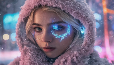 1girl, solo, looking at viewer, blue eyes, blonde hair, parted lips, hood, blurry, lips, fur trim, eyelashes, makeup, glowing, portrait, snow, eyeshadow, snowing, realistic, nose, mascara