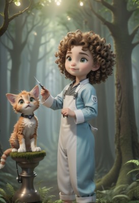 1girl,solo,smile,short hair,brown hair,long sleeves,holding,brown eyes,closed mouth,green eyes,standing,outdoors,artist name,signature,dark skin,blurry,apron,tree,blurry background,animal,cat,child,nature,forest,curly hair,overalls,needle,blush,bell,leaf,syringe,scissors