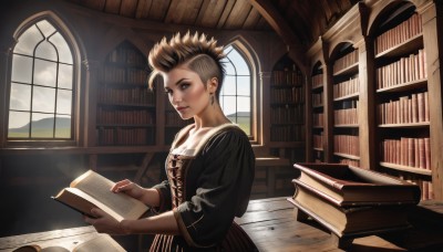 1girl,solo,breasts,short hair,brown hair,dress,holding,brown eyes,jewelry,multicolored hair,earrings,day,cloud,indoors,two-tone hair,lips,book,window,sunlight,holding book,open book,nose,bookshelf,reading,book stack,library,looking at viewer,blonde hair,makeup,corset,mohawk