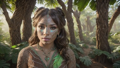 1girl,solo,long hair,looking at viewer,smile,brown hair,black hair,brown eyes,jewelry,closed mouth,upper body,earrings,outdoors,day,dark skin,necklace,hair bun,dark-skinned female,tree,lips,double bun,tattoo,leaf,facial mark,sunlight,plant,nature,forest,realistic,nose,facepaint,tribal,breasts,hair ornament,bodypaint