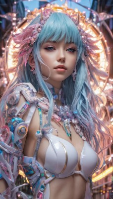 1girl,solo,long hair,breasts,looking at viewer,bangs,blue eyes,hair ornament,cleavage,jewelry,medium breasts,closed mouth,blue hair,upper body,earrings,blurry,lips,blurry background,headgear,science fiction,realistic,nose,parted lips,necklace,armor