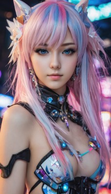 1girl,solo,long hair,breasts,looking at viewer,bangs,blue eyes,hair ornament,animal ears,cleavage,bare shoulders,jewelry,medium breasts,closed mouth,blue hair,upper body,pink hair,multicolored hair,earrings,blurry,two-tone hair,lips,streaked hair,makeup,blurry background,realistic,nose,small breasts,necklace,eyelashes,detached collar,science fiction