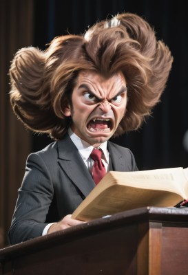 solo,open mouth,brown hair,shirt,long sleeves,1boy,brown eyes,jacket,white shirt,upper body,male focus,necktie,teeth,striped,collared shirt,indoors,blurry,book,facial hair,parody,formal,suit,red necktie,angry,desk,holding book,open book,realistic,mustache,afro,pinstripe suit,looking at viewer,holding,tongue,artist name,black jacket,v-shaped eyebrows,dress shirt,blurry background,blazer,wing collar,veins,grey jacket,nose,furrowed brow,pen,shouting