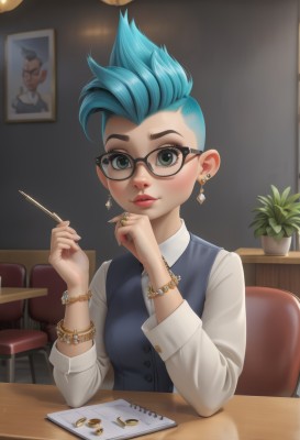 1girl,solo,breasts,looking at viewer,blush,short hair,shirt,long sleeves,holding,jewelry,sitting,closed mouth,green eyes,blue hair,white shirt,upper body,earrings,small breasts,glasses,collared shirt,artist name,indoors,vest,bracelet,lips,eyelashes,dress shirt,makeup,chair,table,ring,plant,spiked hair,black-framed eyewear,bespectacled,nose,pen,potted plant,blue vest,pencil,mascara,pov across table,blue eyes,aqua hair,watch,wristwatch,mohawk