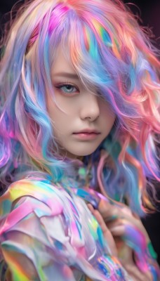 1girl,solo,long hair,looking at viewer,bangs,blue eyes,simple background,shirt,closed mouth,blue hair,upper body,pink hair,multicolored hair,hair over one eye,lips,eyelashes,makeup,hand on own chest,black background,portrait,pink lips,realistic,nose,hands on own chest,colorful,rainbow hair,artist name,blurry,streaked hair,grey eyes,depth of field,watermark,web address