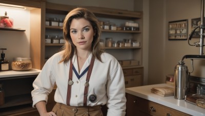 1girl,solo,long hair,looking at viewer,smile,blue eyes,brown hair,shirt,long sleeves,brown eyes,closed mouth,standing,white shirt,upper body,indoors,medium hair,mole,blurry,lips,hand on hip,book,buttons,suspenders,bottle,sleeves rolled up,freckles,realistic,nose,basket,shelf,kitchen,stethoscope,sink,counter,cabinet,chef,collared shirt,sleeves pushed up