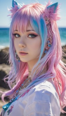 1girl,solo,long hair,looking at viewer,bangs,blue eyes,shirt,hair ornament,animal ears,jewelry,closed mouth,blue hair,white shirt,upper body,pink hair,multicolored hair,earrings,outdoors,sky,day,cat ears,necklace,blurry,from side,two-tone hair,lips,streaked hair,looking to the side,eyelashes,makeup,depth of field,blurry background,ocean,beach,piercing,ear piercing,portrait,eyeshadow,realistic,nose,eyeliner,green eyes,flower,artist name,hair flower,water,blue sky,expressionless,lipstick,mascara