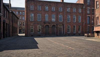 outdoors,sky,day,blue sky,no humans,window,shadow,chair,table,sunlight,building,scenery,door,road,bench,house,lamppost,street,pavement,cloud,city,cityscape