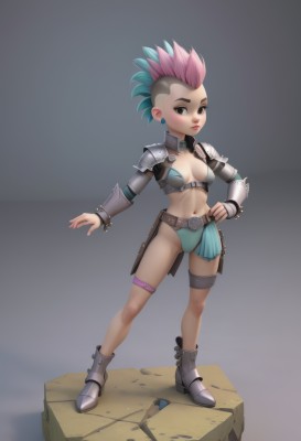 1girl,solo,breasts,looking at viewer,short hair,navel,cleavage,brown eyes,jewelry,medium breasts,closed mouth,blue hair,standing,swimsuit,full body,weapon,pink hair,bikini,multicolored hair,earrings,small breasts,boots,midriff,belt,artist name,signature,grey background,armor,high heels,bracelet,two-tone hair,lips,fingernails,gradient,hand on hip,makeup,thigh strap,cameltoe,piercing,lipstick,spiked hair,shoulder armor,spikes,eyeshadow,legs apart,pauldrons,pink lips,vambraces,eyeliner,bracer,undercut,bikini armor,shoulder pads,mohawk,single pauldron,faux figurine,very short hair