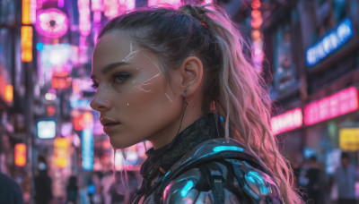 1girl, solo, long hair, looking at viewer, blue eyes, black hair, jewelry, ponytail, pink hair, multicolored hair, earrings, parted lips, dark skin, blurry, from side, lips, profile, blurry background, portrait, science fiction, realistic, nose, android, cyborg, city lights, cyberpunk, neon lights