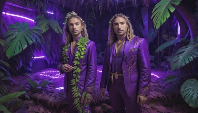 long hair,looking at viewer,blonde hair,brown hair,shirt,long sleeves,brown eyes,jewelry,closed mouth,standing,jacket,male focus,earrings,outdoors,multiple boys,pants,dark skin,2boys,necklace,vest,tree,night,siblings,leaf,black pants,formal,dark-skinned male,ring,suit,plant,twins,purple shirt,purple jacket,purple theme,brothers,purple pants,laurel crown,1boy,flower,belt,nature,curly hair,head wreath