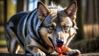 HQ,looking at viewer,yellow eyes,tongue,indoors,signature,tongue out,blurry,no humans,saliva,depth of field,blurry background,animal,fangs,cat,dog,realistic,animal focus,whiskers,solo,open mouth,collar,watermark,web address,red collar,animal collar