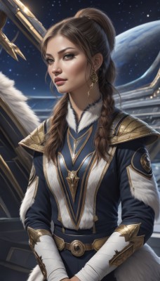 1girl,solo,long hair,brown hair,long sleeves,brown eyes,jewelry,ponytail,weapon,braid,earrings,parted lips,sky,belt,armor,lips,fur trim,makeup,bandages,own hands together,star (sky),hair over shoulder,nose,red lips,space,planet,looking at viewer,upper body,artist name,single braid,shoulder armor,starry sky,realistic,architecture,earth (planet)