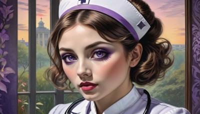 1girl,solo,looking at viewer,short hair,brown hair,hat,jewelry,closed mouth,purple eyes,flower,earrings,sky,cloud,indoors,tree,lips,eyelashes,window,makeup,lipstick,portrait,curly hair,nurse cap,purple flower,red lips,nurse,blush,bangs,eyeshadow,realistic,mascara,stethoscope