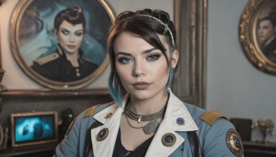 1girl,solo,looking at viewer,smile,short hair,blue eyes,brown hair,black hair,hair ornament,jewelry,jacket,upper body,multicolored hair,earrings,choker,necklace,mole,blurry,uniform,lips,blue jacket,portrait,mirror,realistic,nose,photo (object),badge,police,eyebrow cut,denim jacket,portrait (object),bangs,shirt,brown eyes,closed mouth,indoors,hair bun,blurry background,freckles