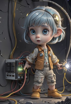 1girl,solo,short hair,blue eyes,shirt,1boy,holding,blue hair,standing,full body,grey hair,male focus,hairband,boots,parted lips,shorts,vest,glowing,thick eyebrows,child,freckles,science fiction,realistic,electricity,cable,male child,cyborg,wire,tube,looking at viewer,open mouth,jacket,shoes,belt,chibi,torn clothes,denim,goggles,goggles on head,android,damaged,yellow footwear