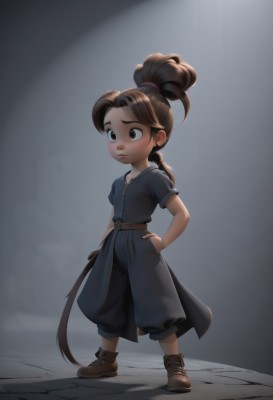 1girl,solo,long hair,brown hair,holding,brown eyes,closed mouth,standing,full body,ponytail,weapon,braid,short sleeves,boots,belt,pants,hand on hip,brown footwear,aged down,child,female child,male child,whip,dress,very long hair,lips,hand in pocket,hair tie,spotlight,puffy pants