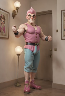 solo,looking at viewer,blush,smile,short hair,brown hair,shirt,1boy,bare shoulders,closed mouth,standing,full body,pink hair,male focus,boots,shoes,sleeveless,belt,pants,indoors,muscular,facial hair,thick eyebrows,pectorals,muscular male,wristband,sneakers,bara,clenched hands,large pectorals,bulge,black belt,belt buckle,mustache,door,lamp,manly,chest hair,biceps,leg hair,arm hair,light bulb,1girl,multicolored hair,artist name,bracelet,two-tone hair,watermark,web address,pink footwear