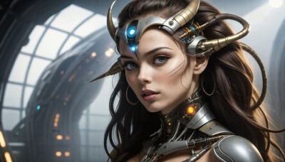 HQ,1girl,solo,long hair,looking at viewer,brown hair,jewelry,green eyes,earrings,parted lips,horns,indoors,blurry,lips,makeup,headgear,facial mark,portrait,science fiction,hoop earrings,realistic,nose,android,cable,cyborg,cyberpunk,black hair,upper body,teeth,artist name,signature,from side,eyelashes,glowing,sunlight,close-up,forehead,eyeshadow,backlighting,pink lips,eyeliner,facepaint