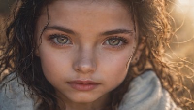 1girl,solo,long hair,looking at viewer,brown hair,brown eyes,closed mouth,braid,blurry,lips,eyelashes,wavy hair,messy hair,portrait,close-up,freckles,curly hair,realistic,nose,depth of field