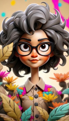 1girl,solo,looking at viewer,smile,short hair,shirt,black hair,brown eyes,closed mouth,upper body,flower,grey hair,glasses,collared shirt,artist name,blurry,lips,buttons,leaf,watermark,messy hair,black-framed eyewear,curly hair,blush,freckles,dirty